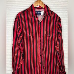 Vintage Wrangler Striped pearl snap longsleeve black red yellow Western shirt L